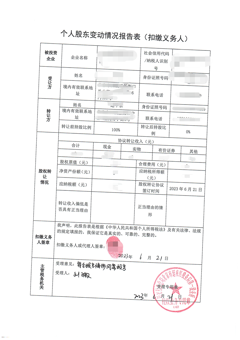 公司股東變更案例：2023年6月21日為客戶完成股東變更業(yè)務